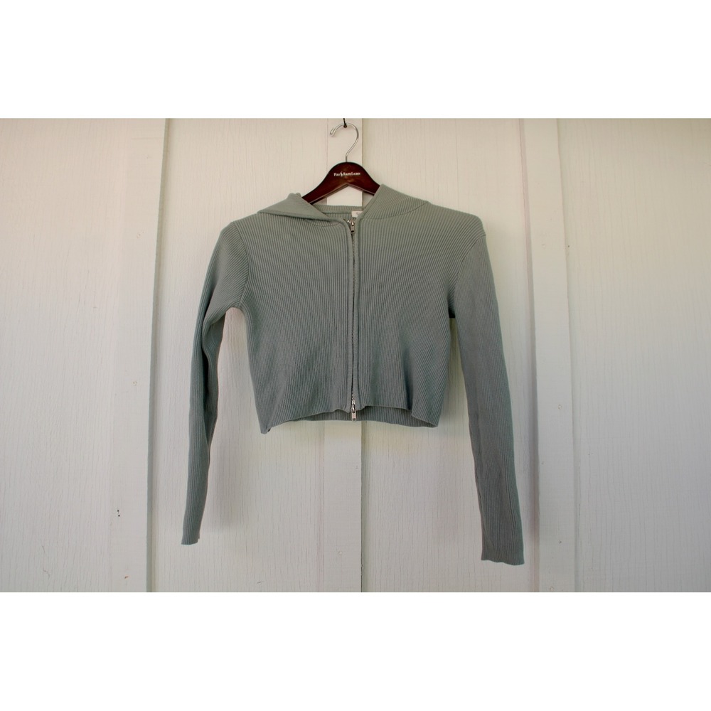 John Galt Brandy Melville Sage Green Ribbed Knit Crop Hoodie